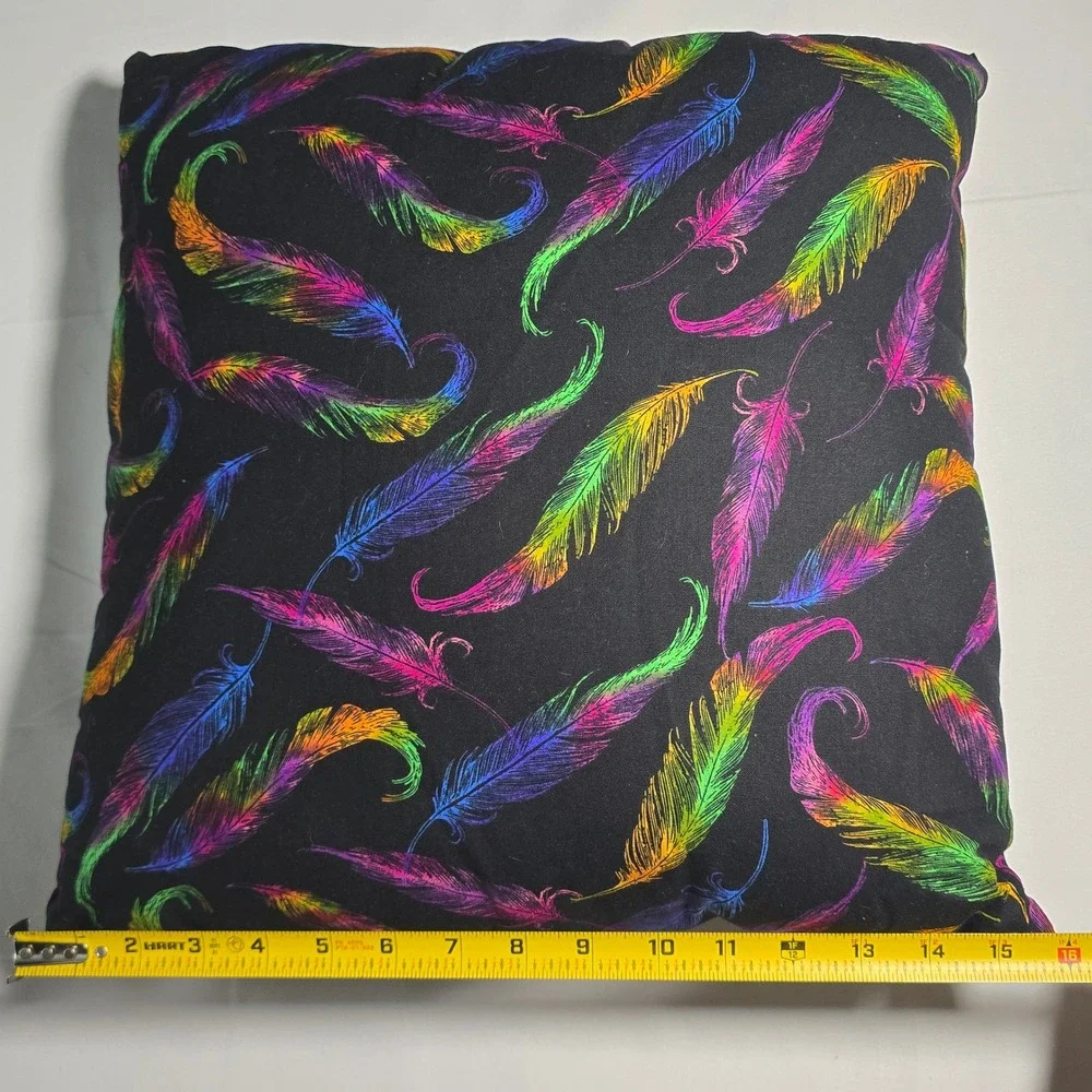 Handmade Rainbow Feather Throw Pillow Black Psychedelic Accent 15x15